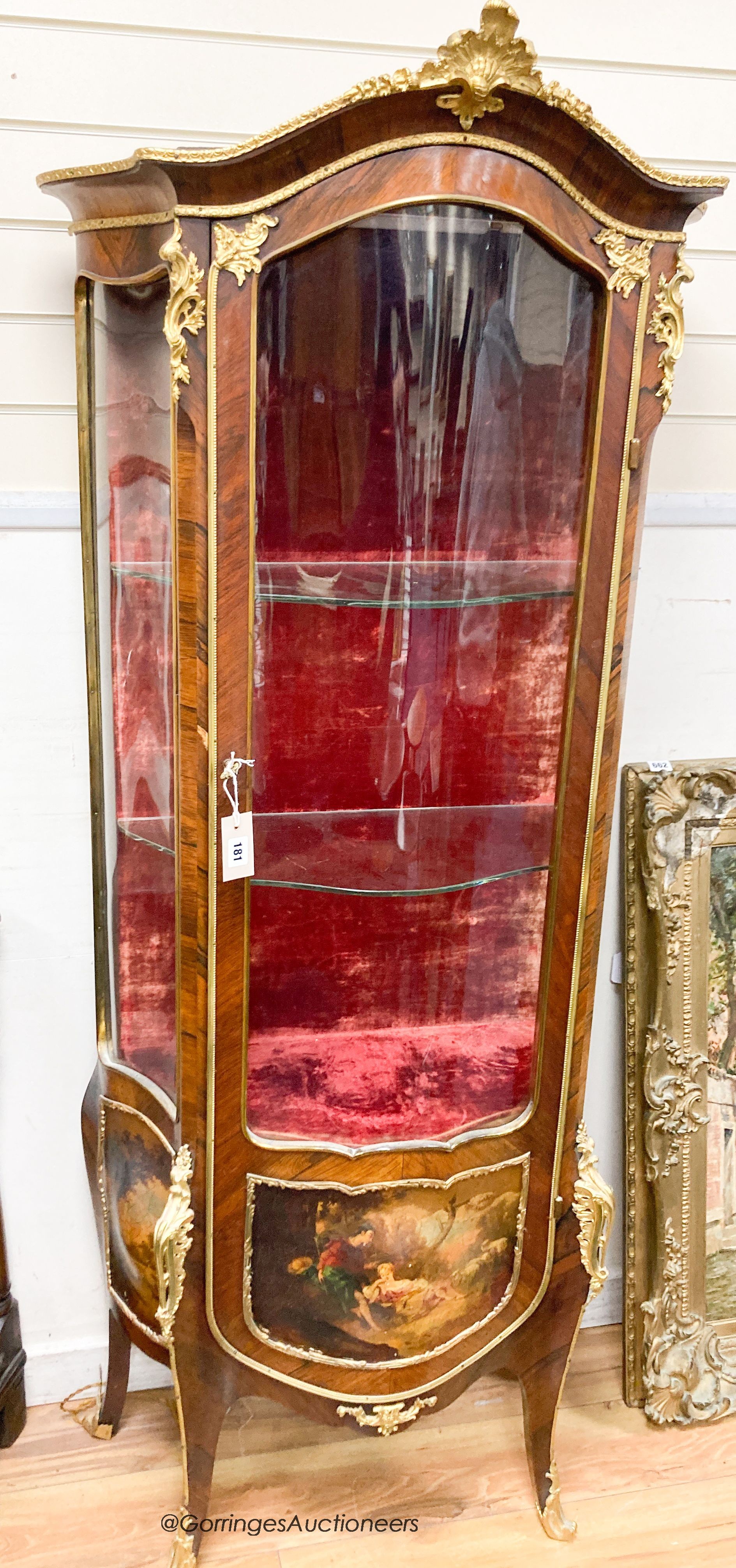 A Louis XV style kingwood bombe vitrine, with Vernis Martin style panels and ormolu mounts, width 74cm, depth 40cm, height 176cm